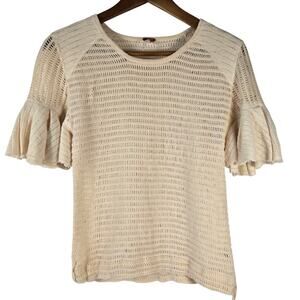 Free People Indie Festival Open Weave Knit Top with Cream Ruffle Sleeve Size M